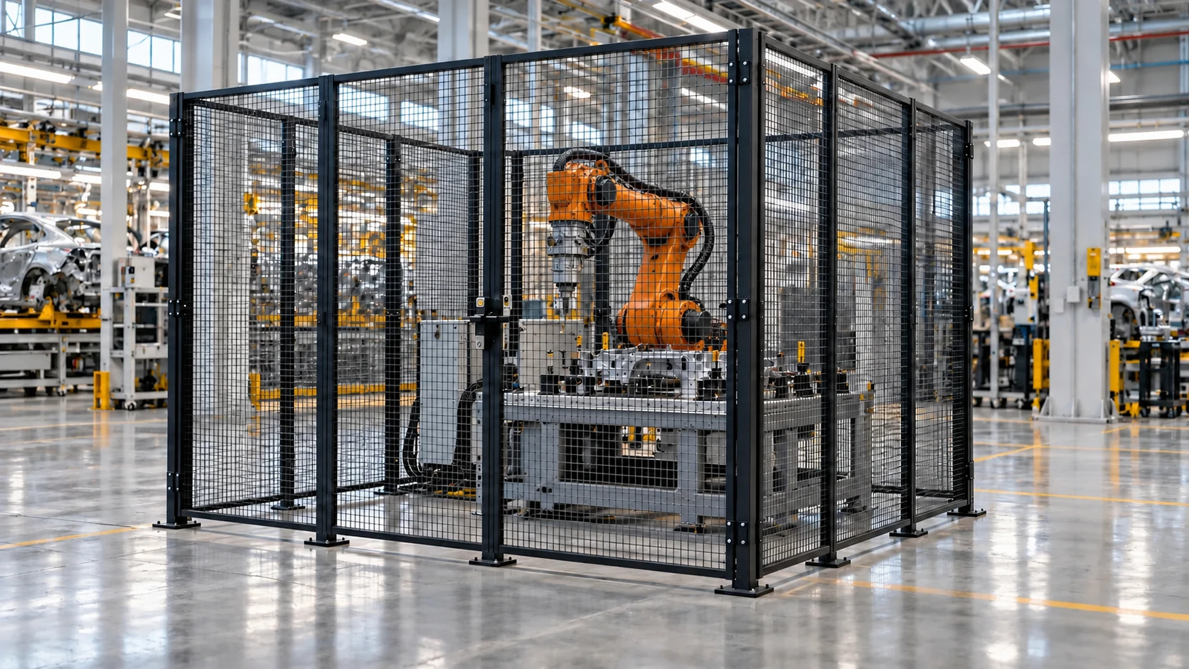 The same concept industrial workspace enclosed by physical safety fencing