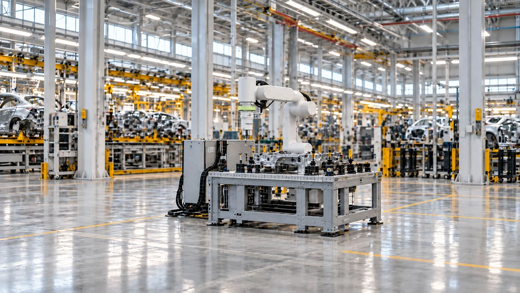 Concept industrial workspace with open access around the robotic workbench